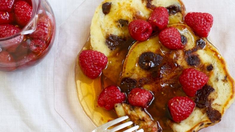 Chocolate Chunk Pancakes with Fresh Raspberry Maple Syrup