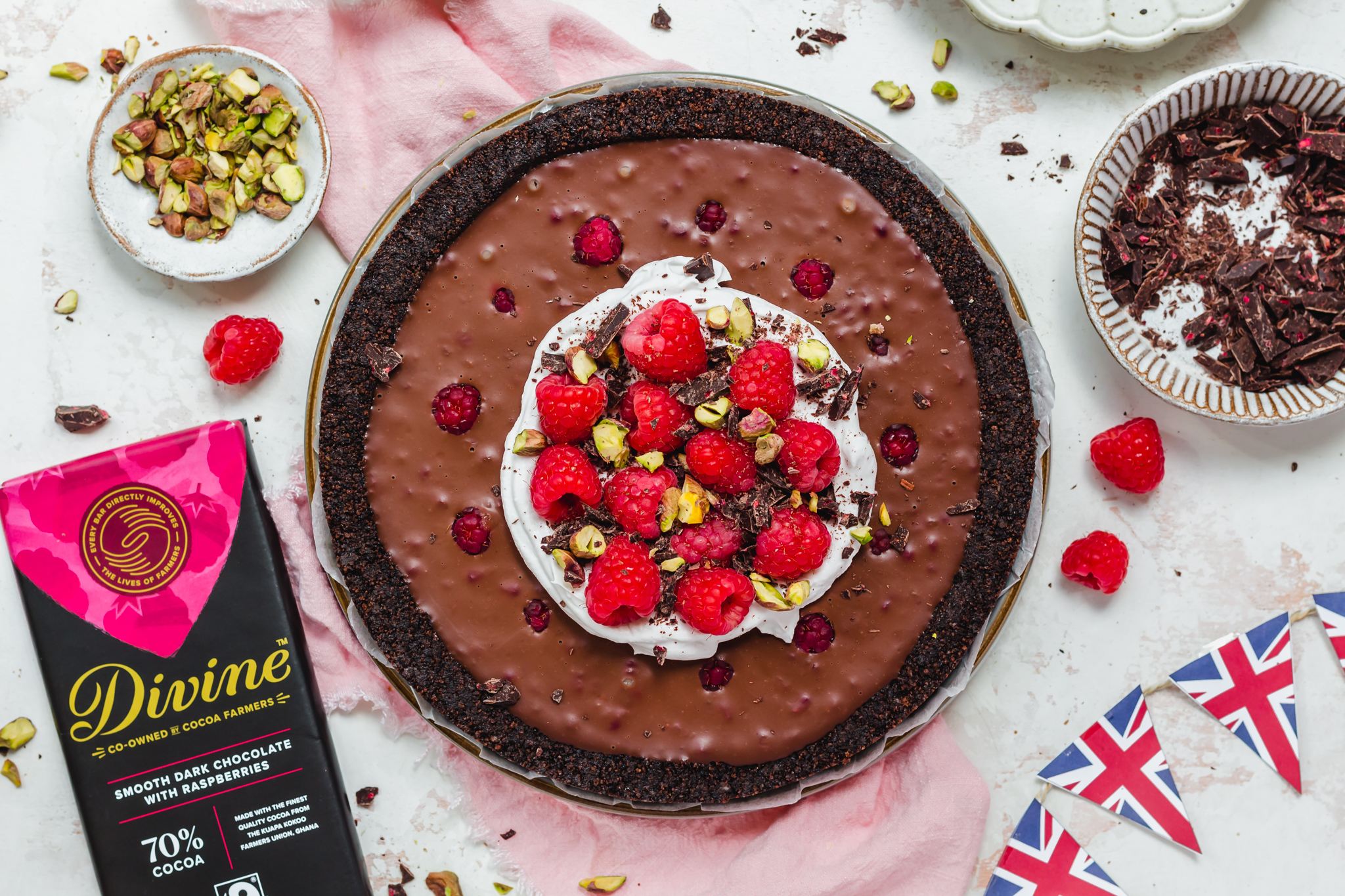 Chocolate Raspberry Pistachio Ganache Tart