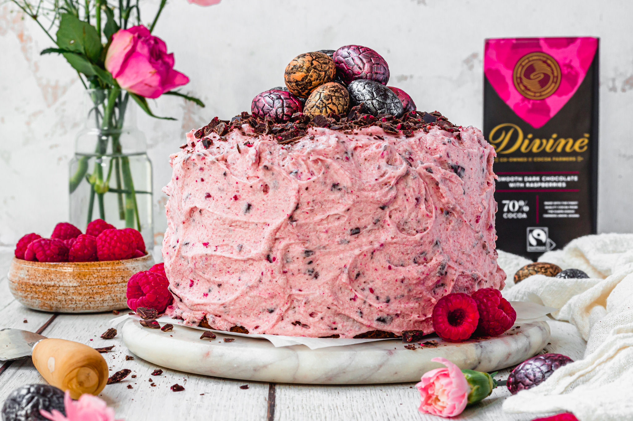 Dark Chocolate Raspberry Speckle Cake