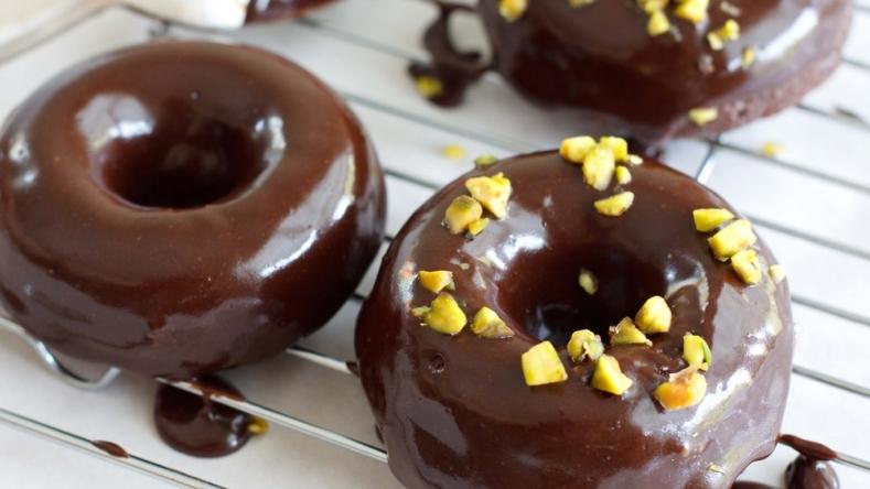 Dark Chocolate Baked Glazed Doughnuts with Pistachios