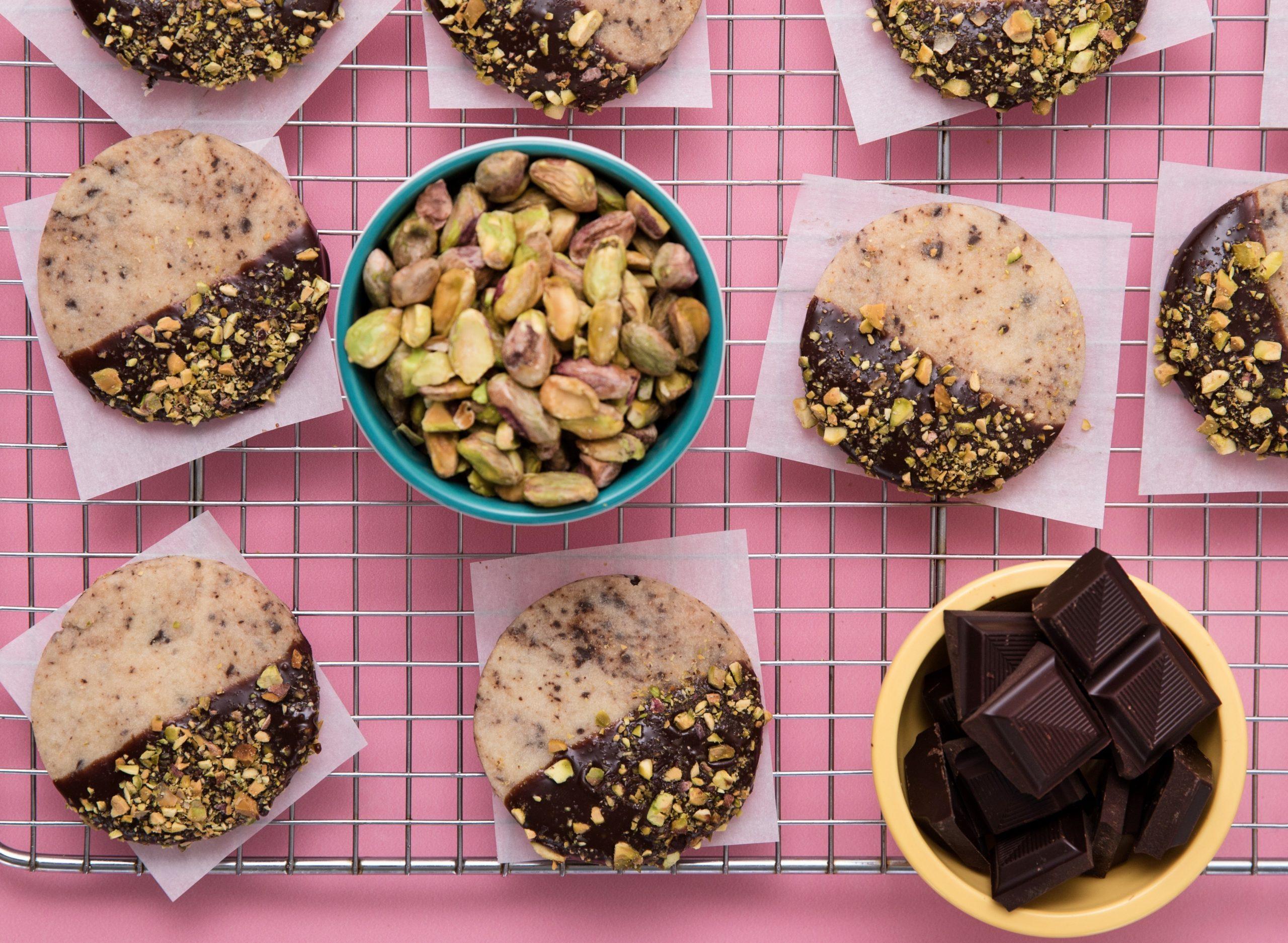 Chocolate Dipped Shortbread Cookies with Pistachios