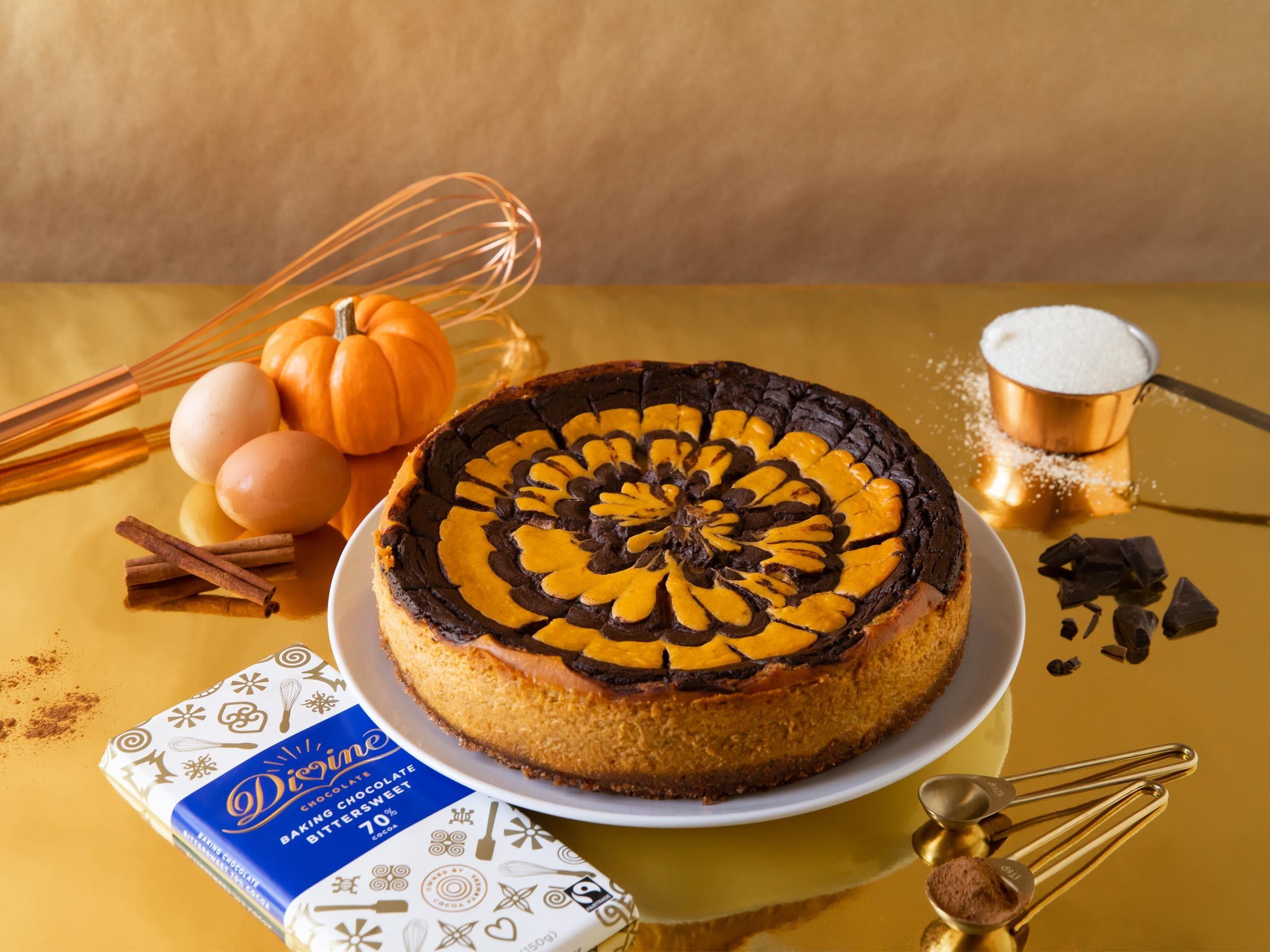 Pumpkin Cheesecake with Chocolate-Stout Ganache Swirl
