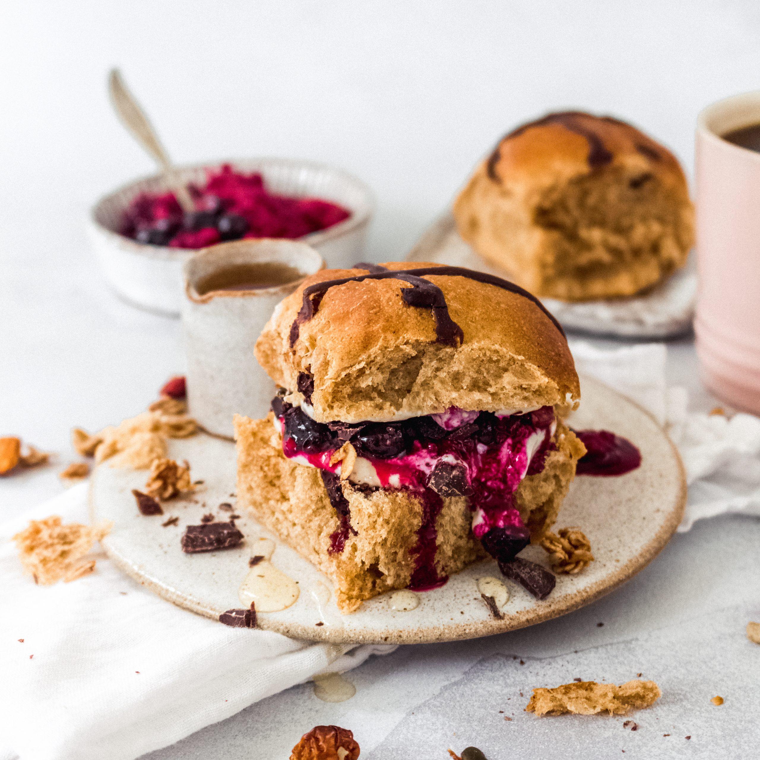 Vanilla Berry Stuffed Chocolate Hot Cross Bun