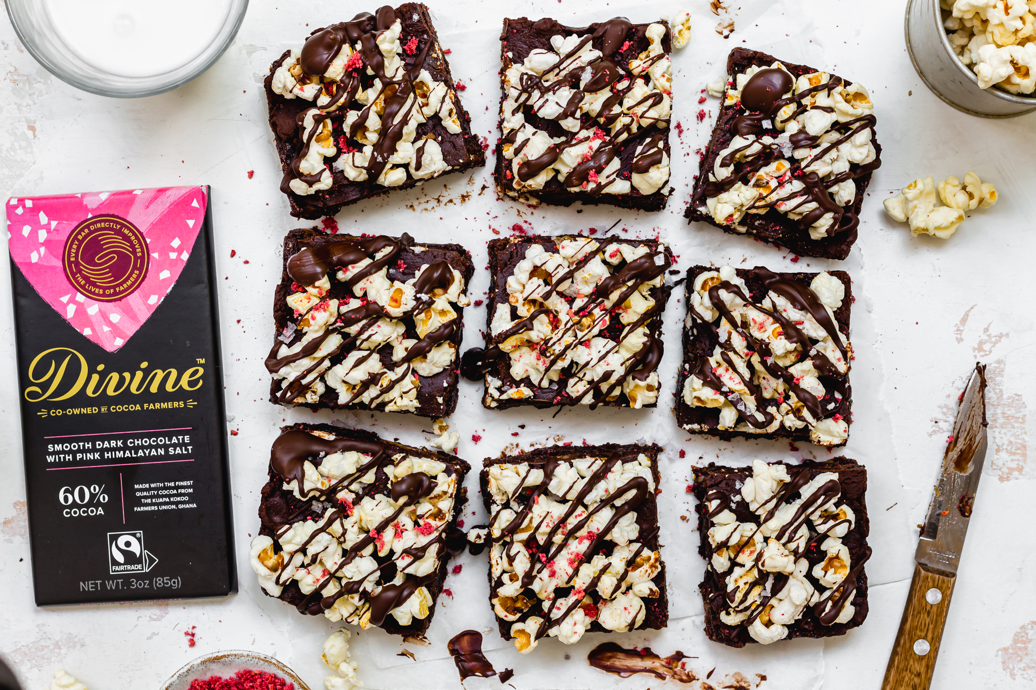 Sweet and Salty Popcorn No-Bake Brownies