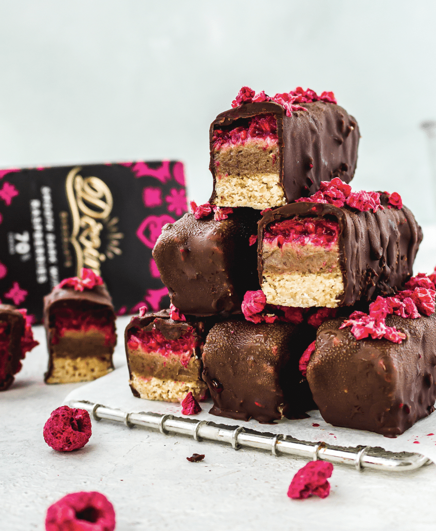 Triple layered chocolate raspberry caramel slices